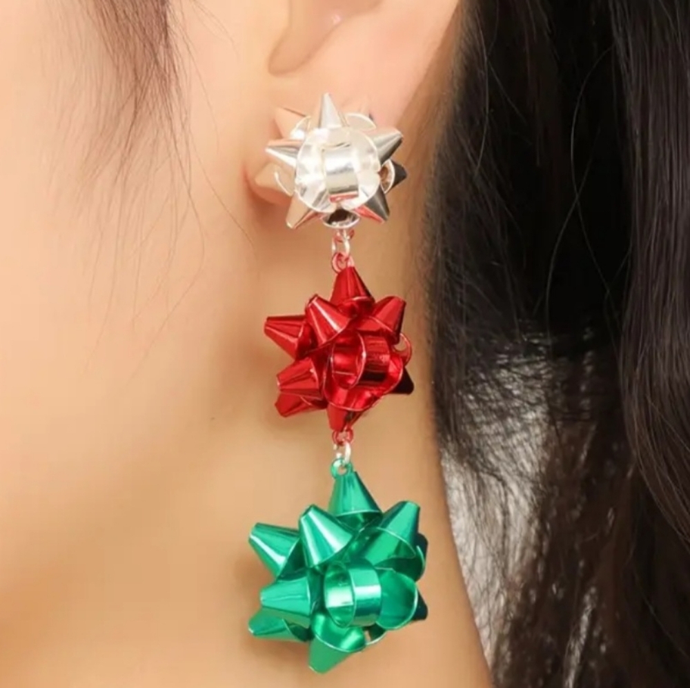 Festive Silver Bow Drop Earrings - Picture 2 of 3